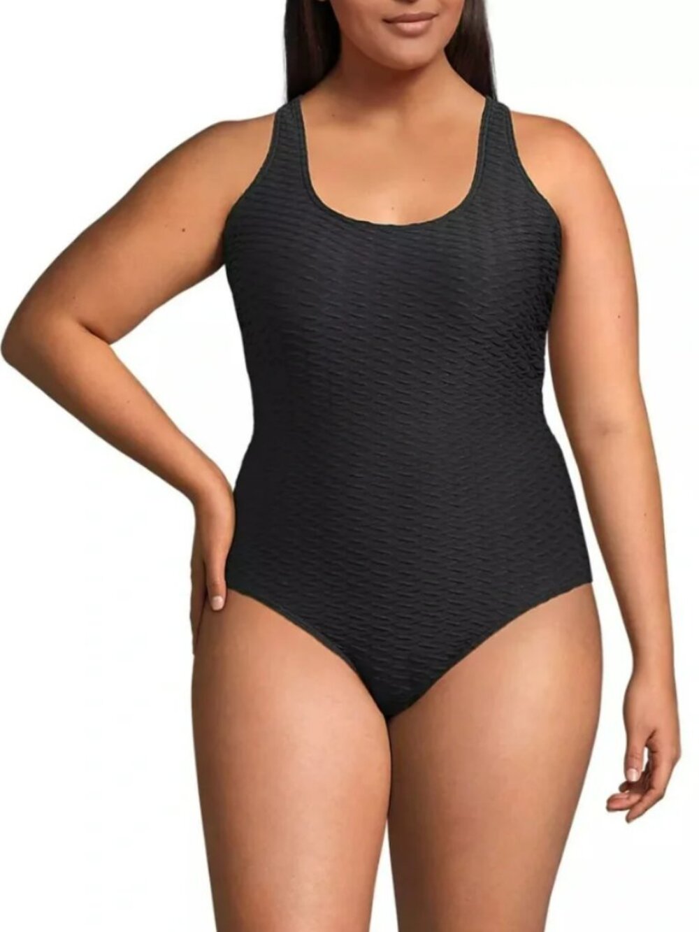 NWT Lands' End Women's Texture Tugless X-Back One Piece Swimsuit Black 26W Plus